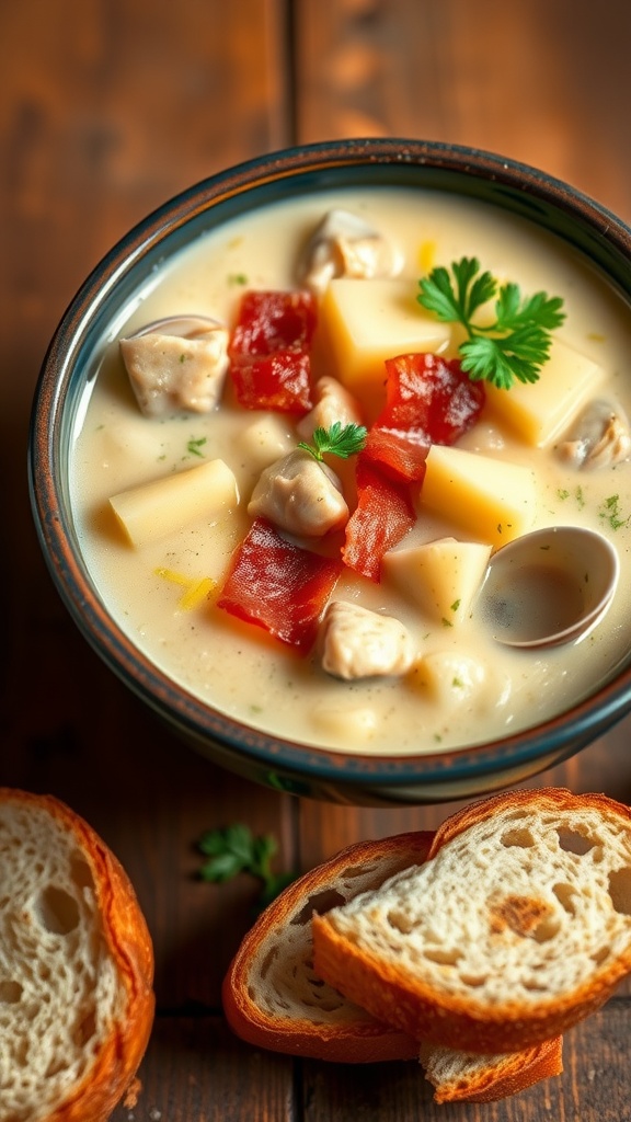 Creamy clam chowder in a bowl, garnished with parsley and served with bread.